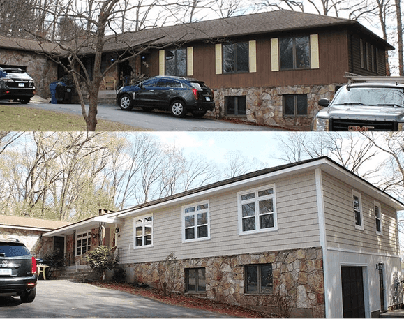 Before and after home renovation with new siding and windows